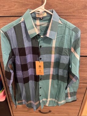 Teal Blue Green Plaid Button-Down Shirt size S